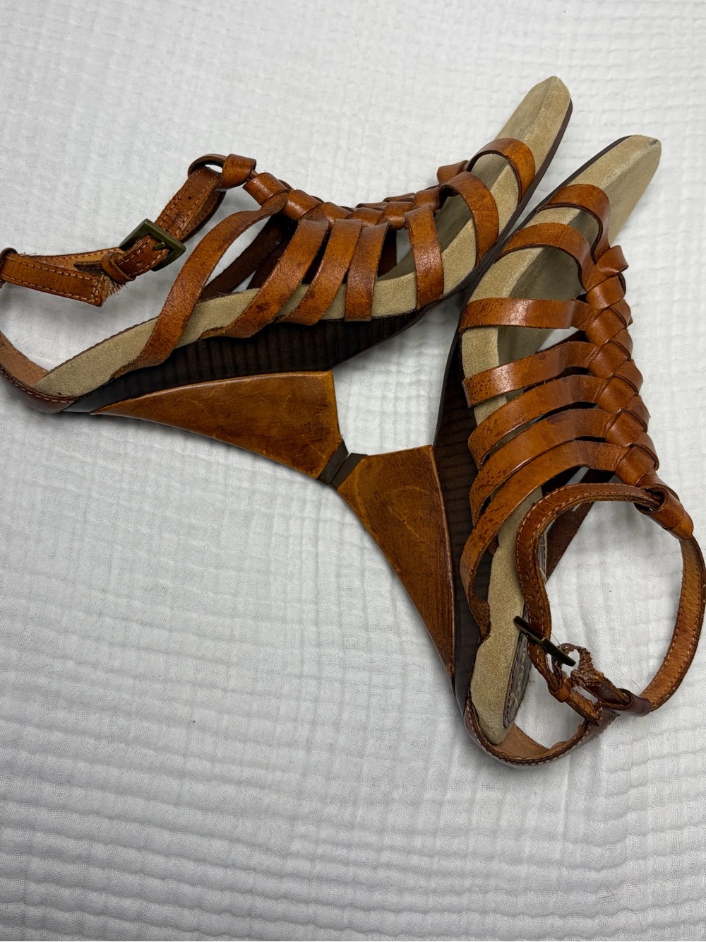 Sam Edelman Saville Cognac Brown Strappy Leather Sculpted Wedge Sandals Sz 9